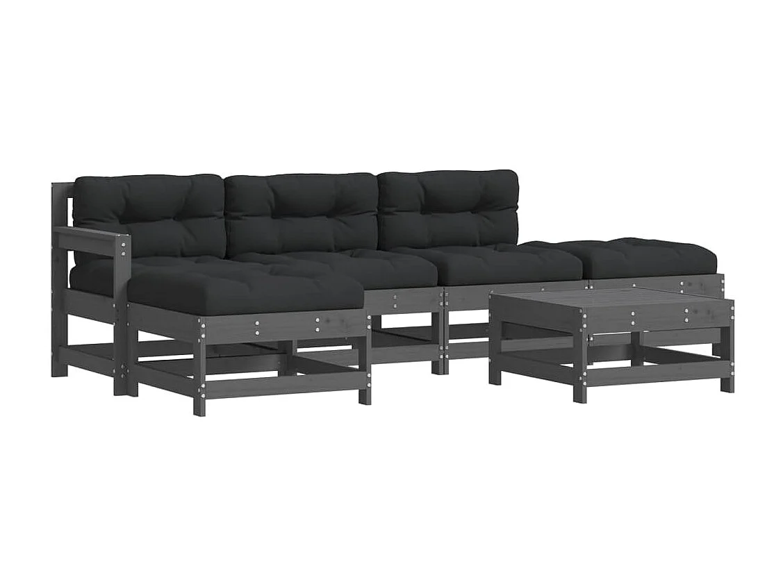 Salon de jardin 6 pcs avec coussins gris bois massif