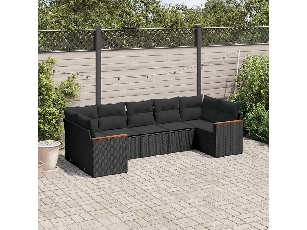 Salon de jardin 7 pcs avec coussins noir résine tressée