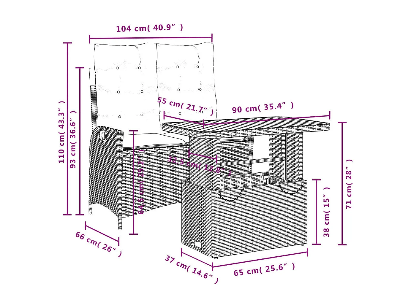 Ensemble à manger de jardin et coussins 2 pcs gris rotin