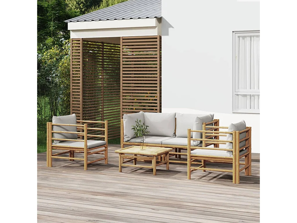 Salon de jardin 5 pcs avec coussins gris clair bambou