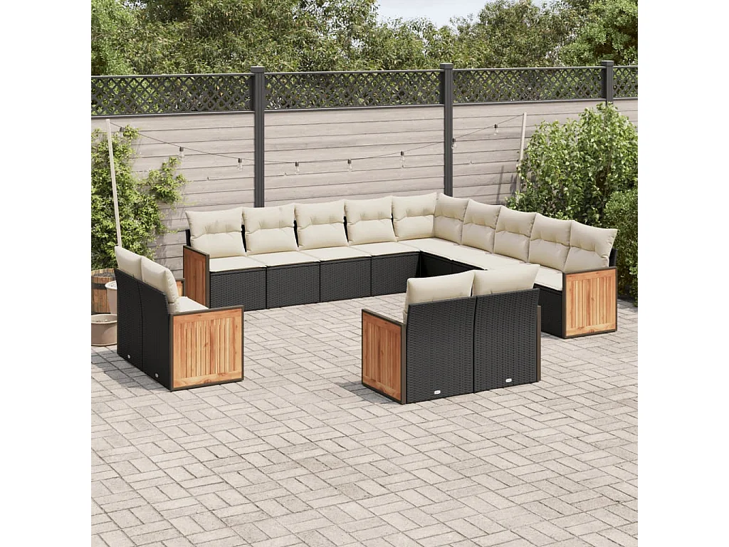 Salon de jardin avec coussins 13 pcs noir résine tressée