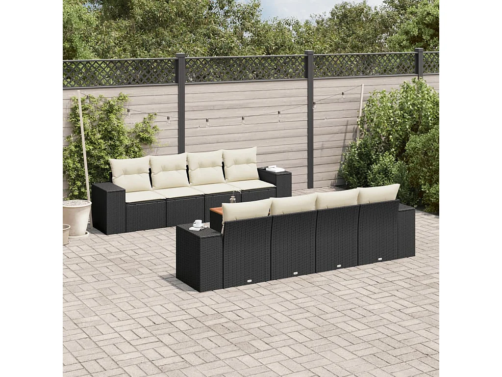 Salon de jardin 9 pcs avec coussins noir résine tressée