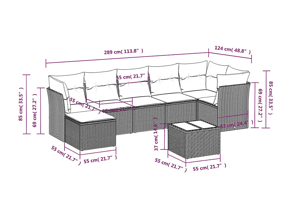 Salon de jardin 8 pcs avec coussins noir résine tressée