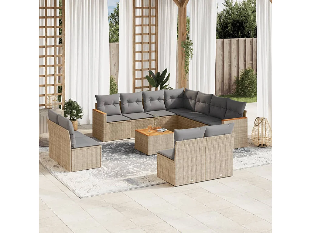 Salon de jardin et coussins 12 pcs mélange beige résine tressée