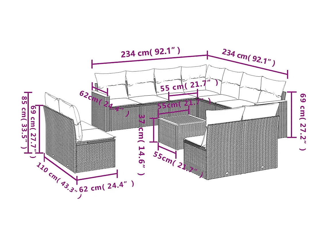 Salon de jardin et coussins 12 pcs mélange beige résine tressée
