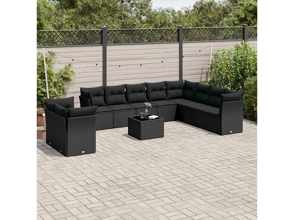 Salon de jardin 11 pcs avec coussins noir résine tressée