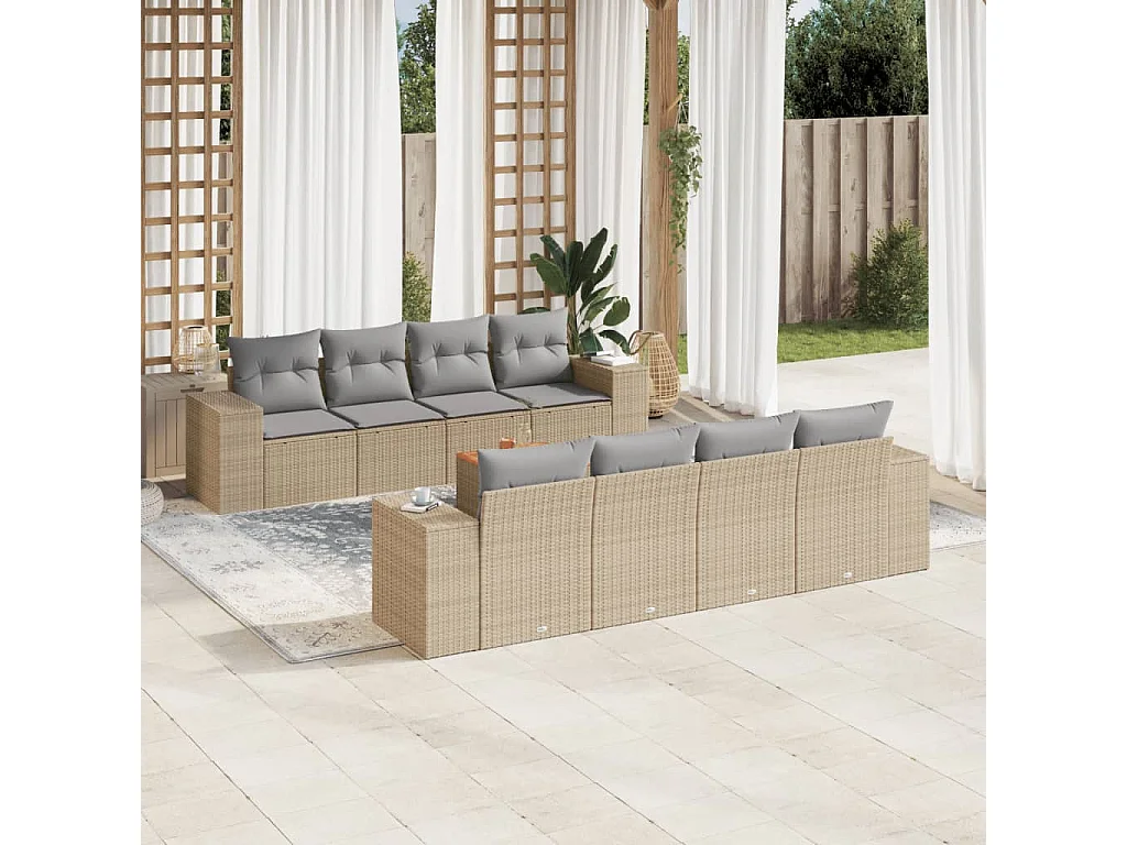 Salon de jardin avec coussins 9 pcs beige résine tressée