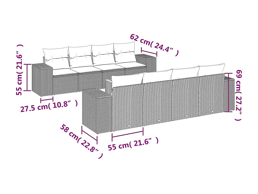 Salon de jardin avec coussins 9 pcs beige résine tressée