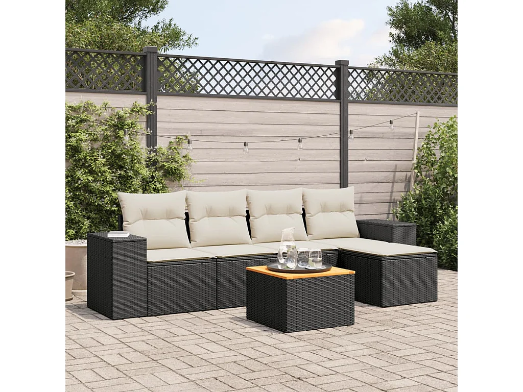 Salon de jardin 6 pcs avec coussins noir résine tressée