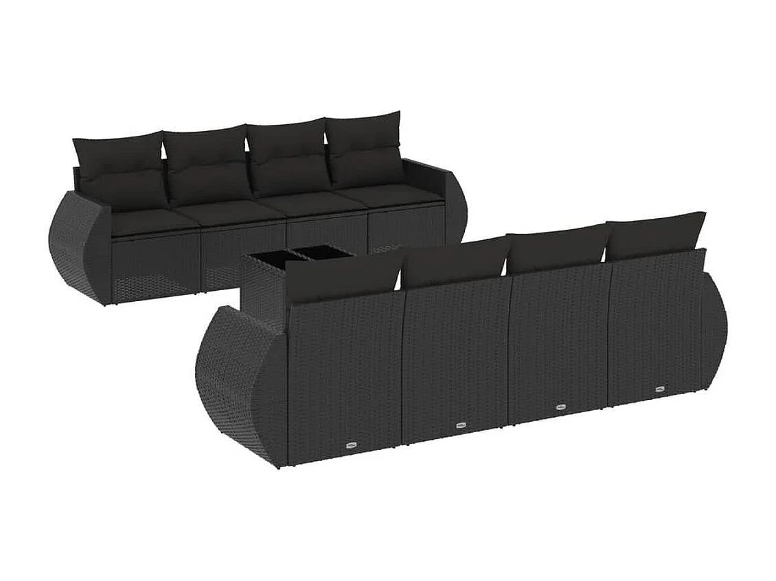 Salon de jardin 9 pcs avec coussins noir résine tressée