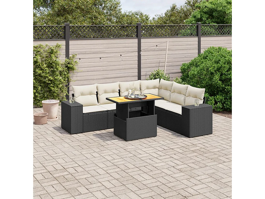 Salon de jardin 7 pcs avec coussins noir résine tressée