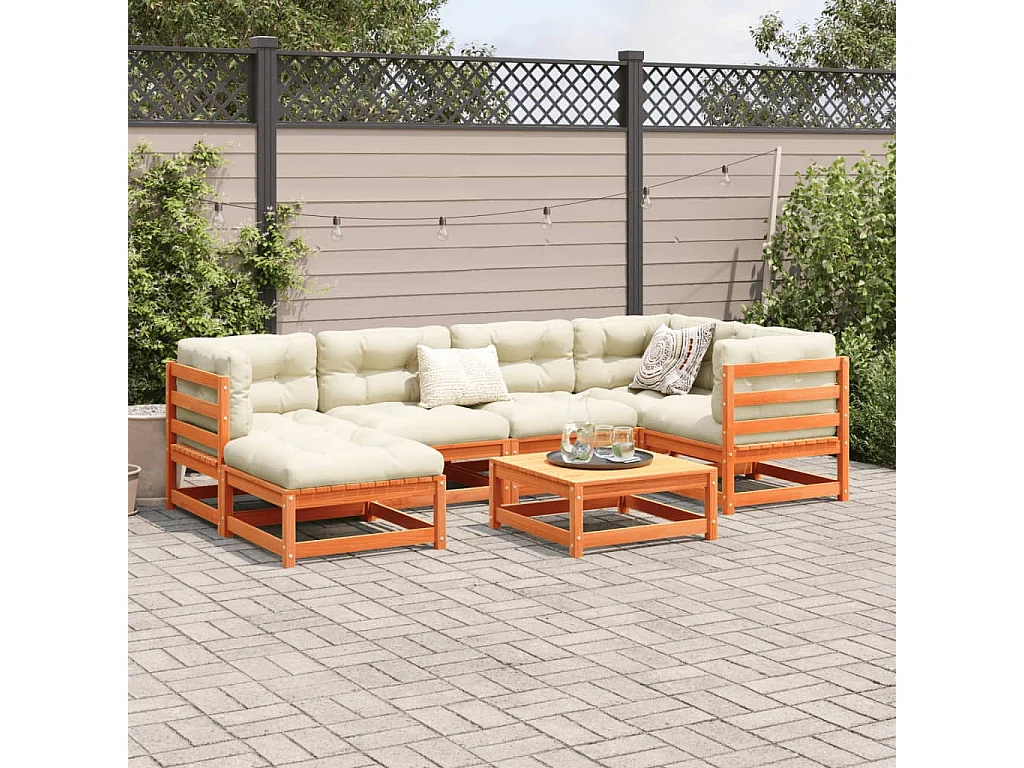 Salon de jardin 7 pcs avec coussins cire marron bois pin massif