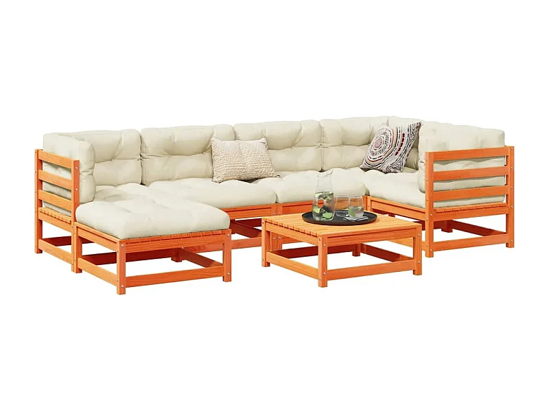 Salon de jardin 7 pcs avec coussins cire marron bois pin massif