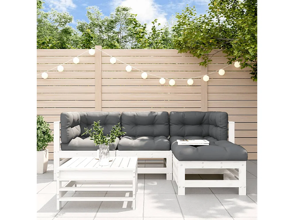 Salon de jardin 5 pcs avec coussins blanc bois massif