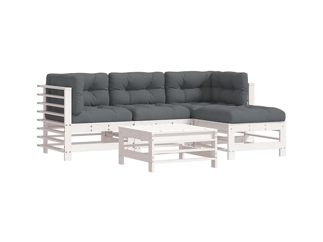 Salon de jardin 5 pcs avec coussins blanc bois massif