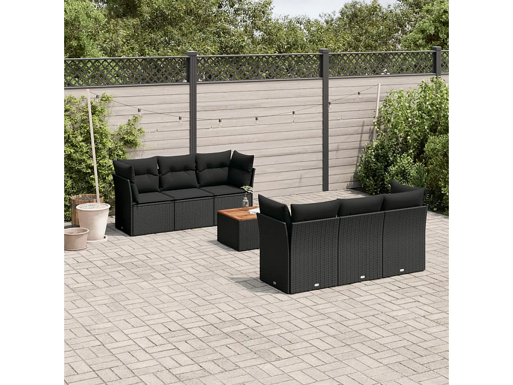 Salon de jardin 7 pcs avec coussins noir résine tressée