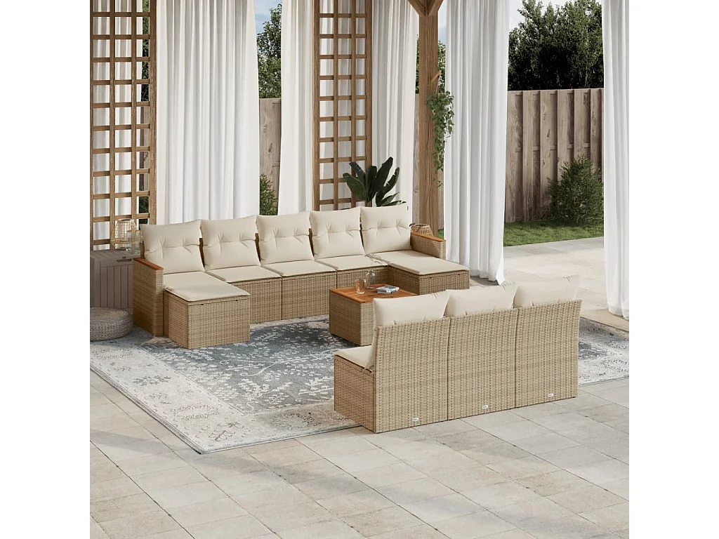 Salon de jardin 11 pcs avec coussins beige résine tressée