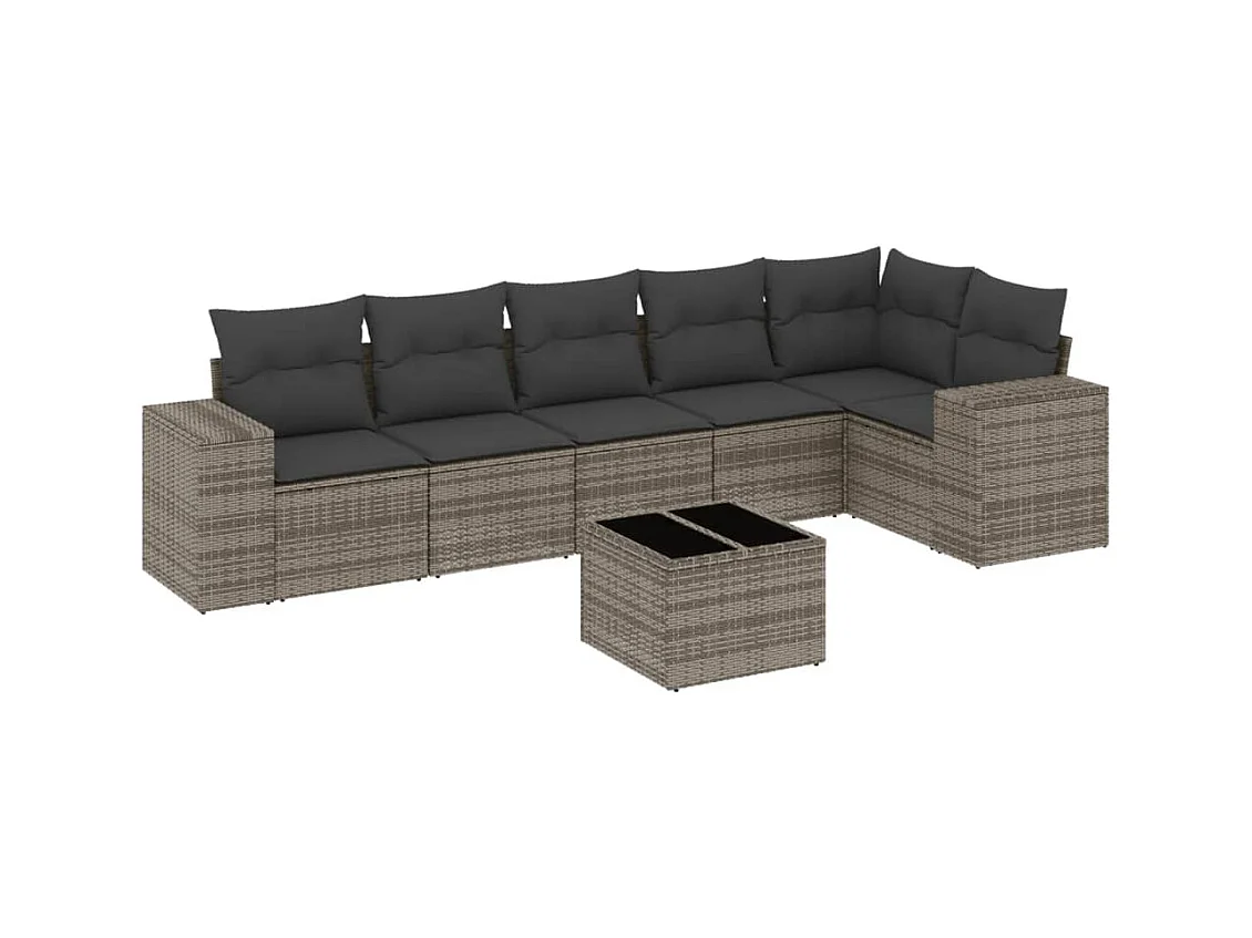 Salon de jardin avec coussins 7 pcs gris résine tressée