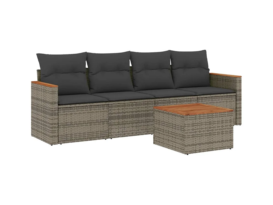 Salon de jardin 5 pcs avec coussins gris résine tressée