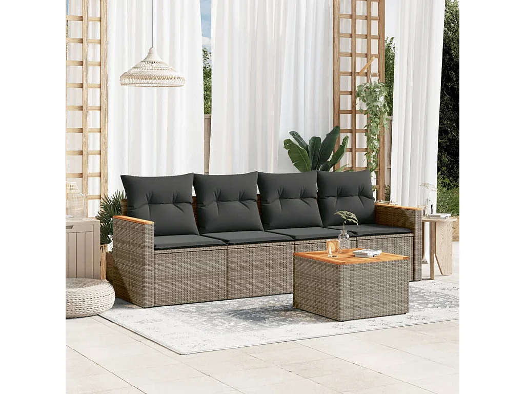 Salon de jardin 5 pcs avec coussins gris résine tressée