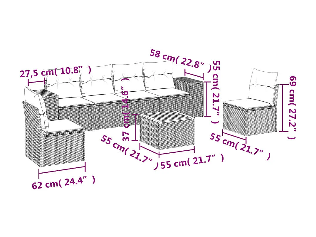 Salon de jardin 7 pcs avec coussins noir résine tressée