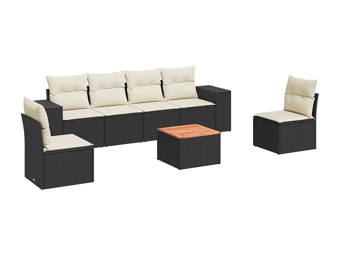 Salon de jardin 7 pcs avec coussins noir résine tressée