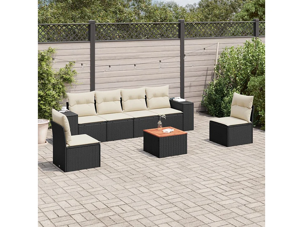 Salon de jardin 7 pcs avec coussins noir résine tressée