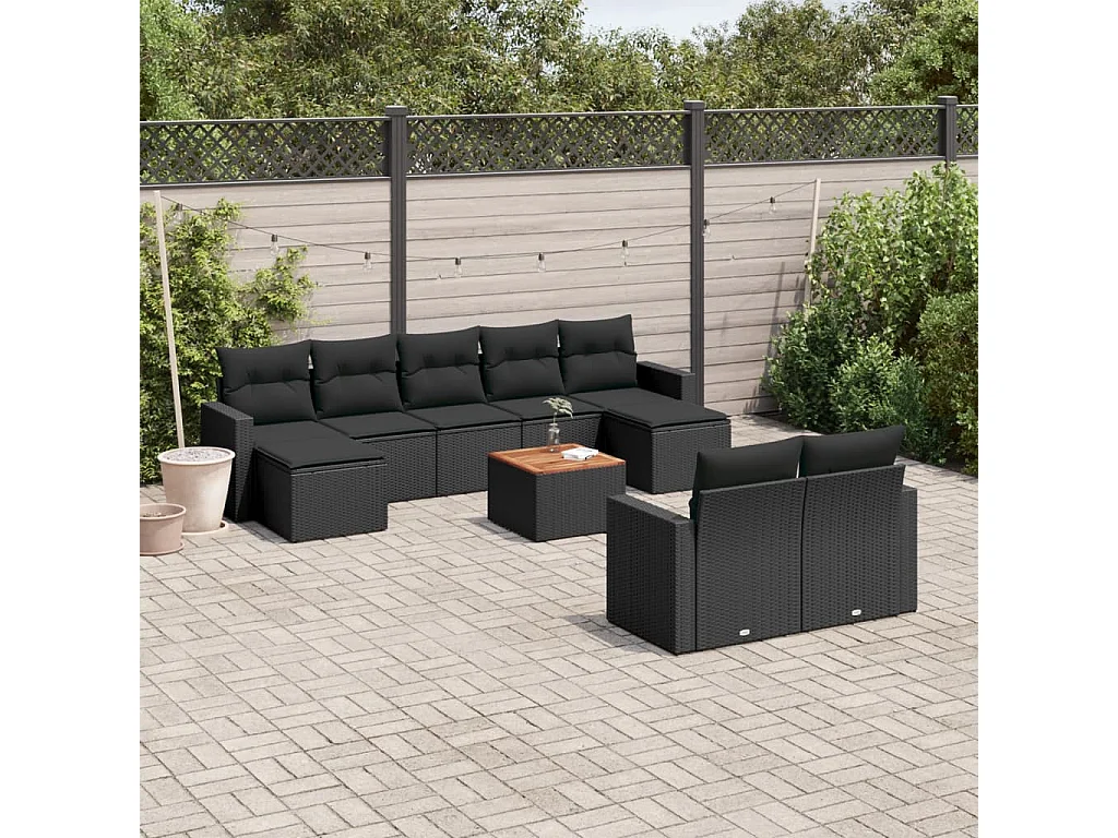 Salon de jardin 10 pcs avec coussins noir résine tressée
