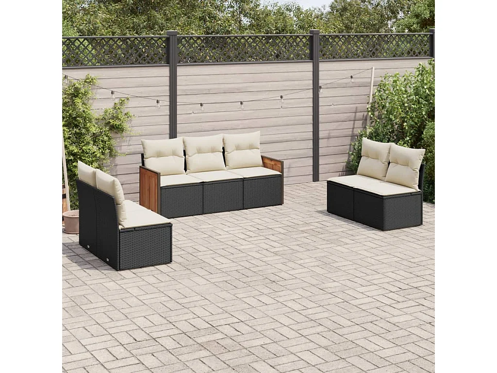 Salon de jardin 7 pcs avec coussins noir résine tressée