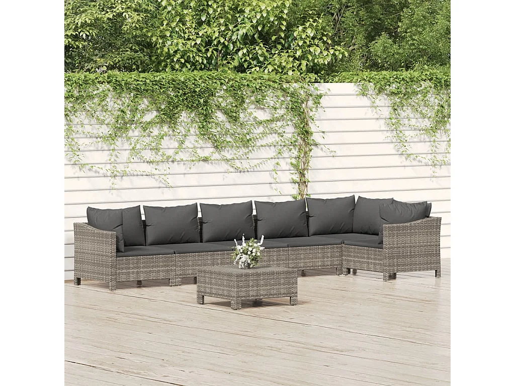Salon de jardin 7 pcs avec coussins Gris Résine tressée