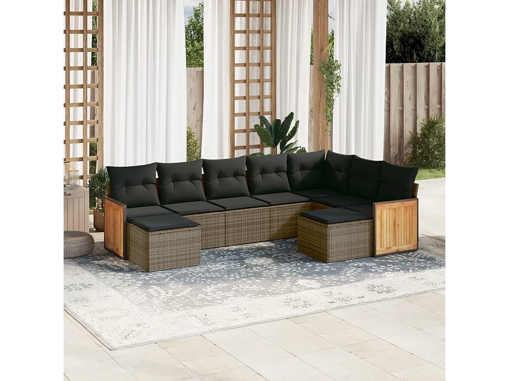 Salon de jardin 9 pcs avec coussins gris résine tressée