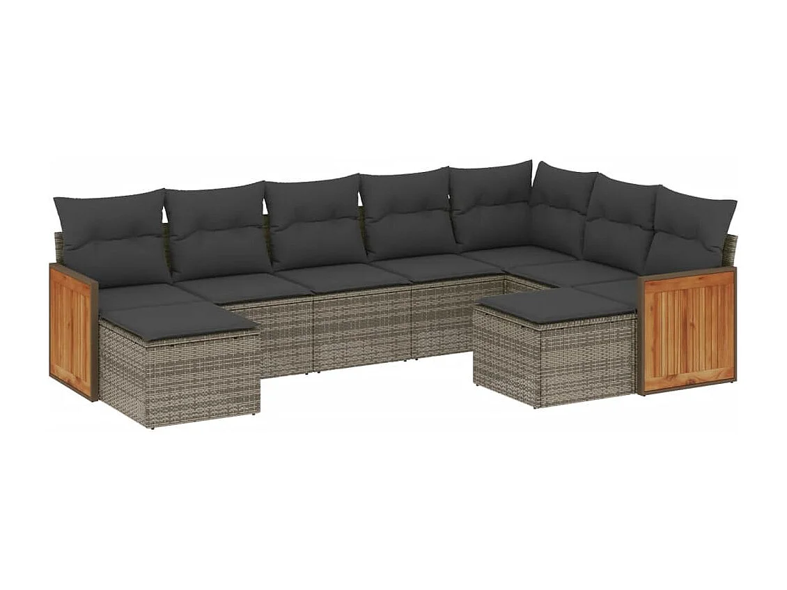 Salon de jardin 9 pcs avec coussins gris résine tressée
