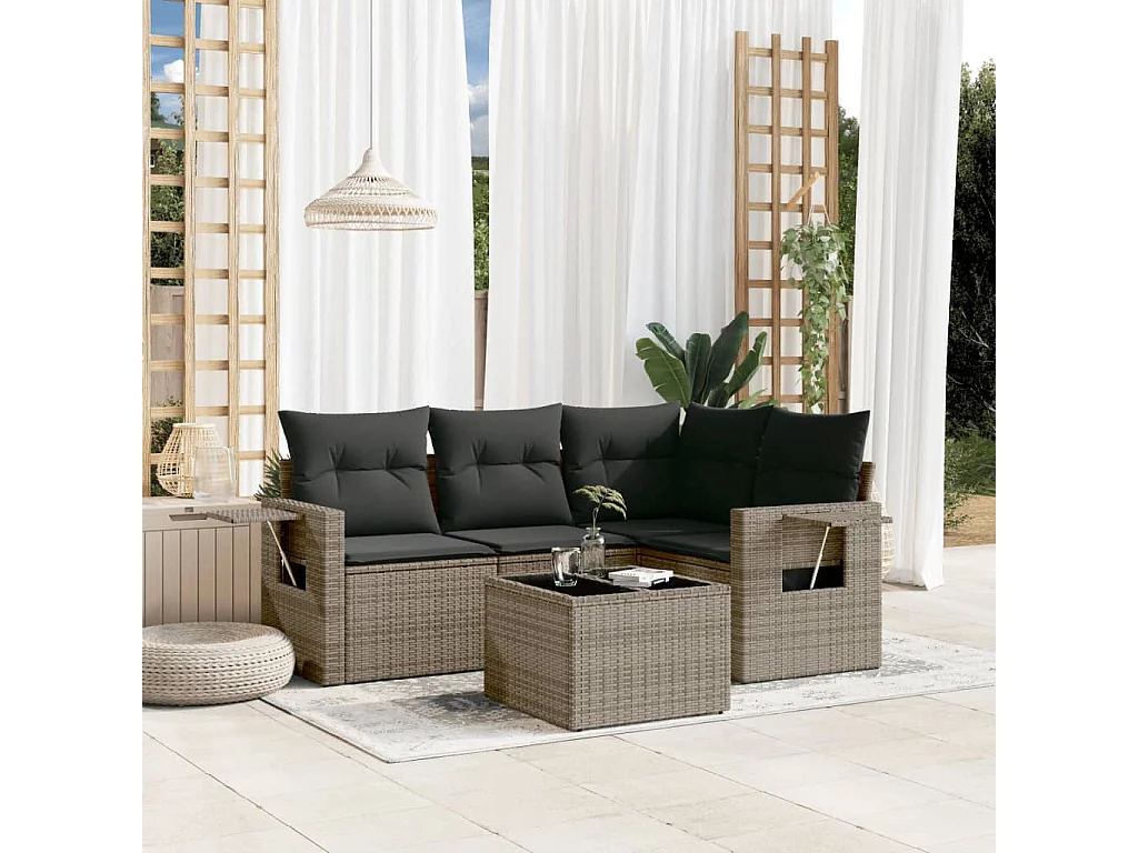 Salon de jardin 5 pcs avec coussins gris résine tressée