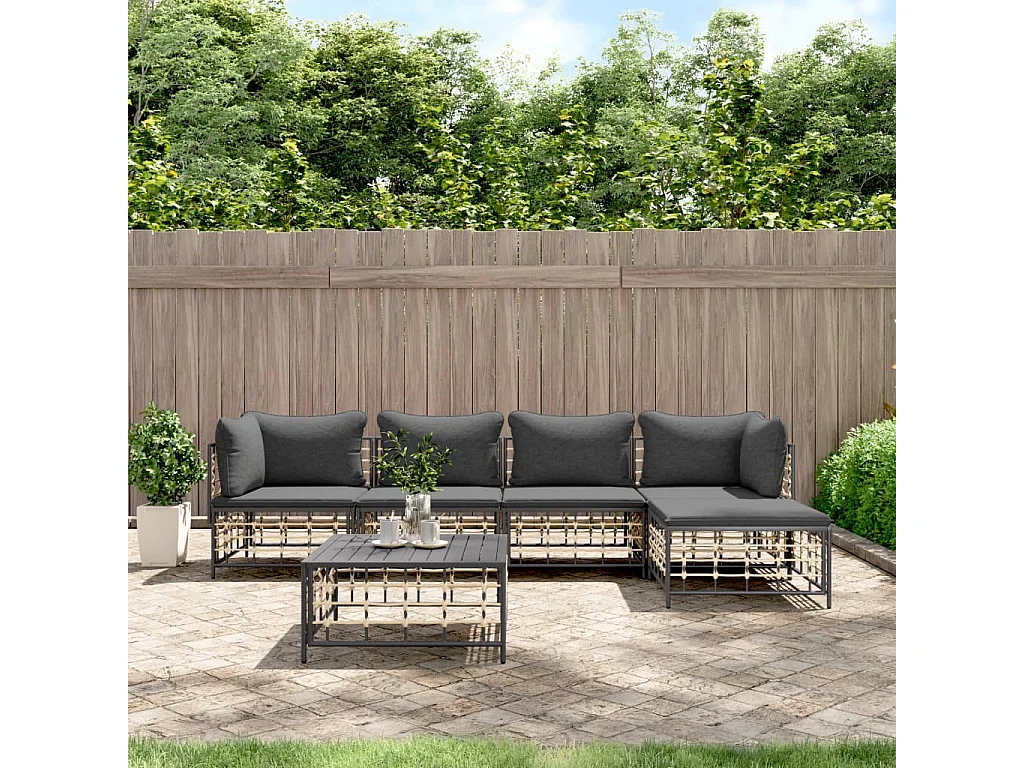 Salon de jardin 6 pcs avec coussins anthracite résine tressée