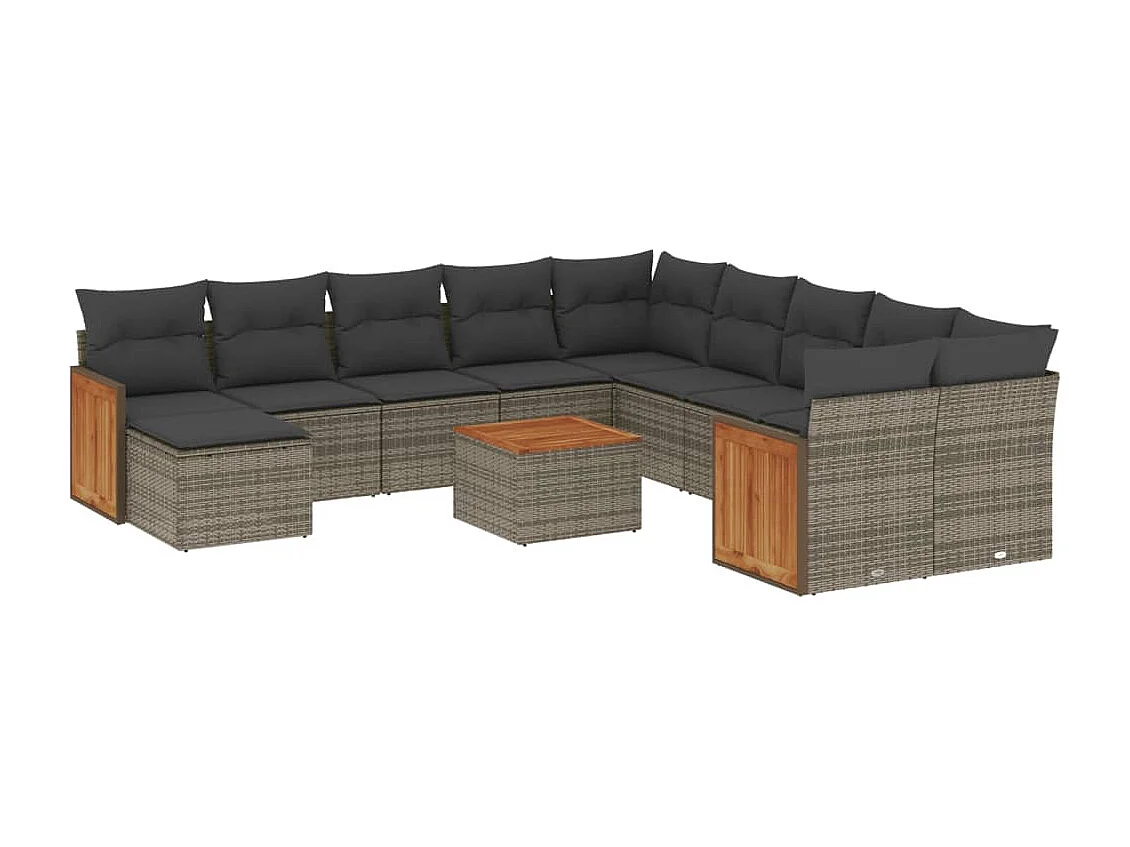 Salon de jardin avec coussins 12 pcs gris résine tressée