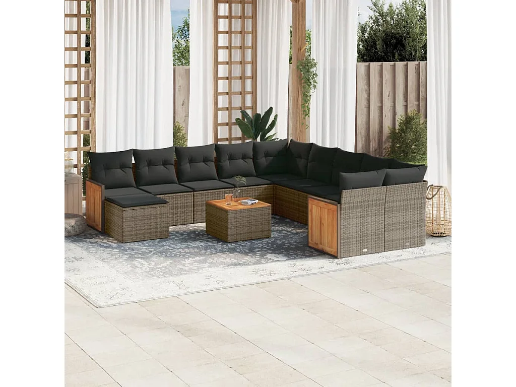 Salon de jardin avec coussins 12 pcs gris résine tressée