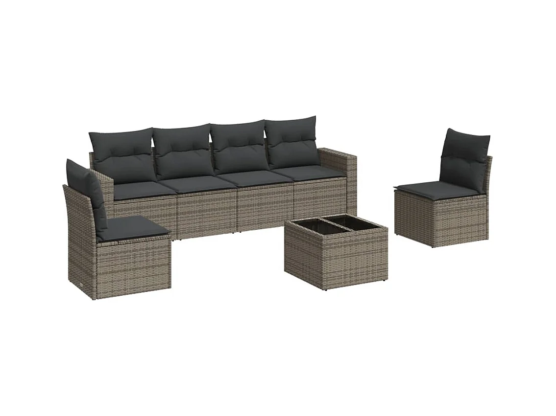 Salon de jardin avec coussins 7 pcs gris résine tressée