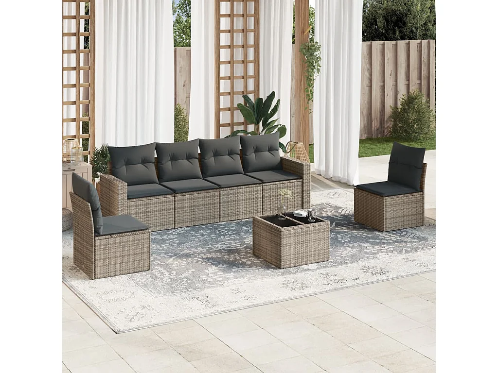 Salon de jardin avec coussins 7 pcs gris résine tressée