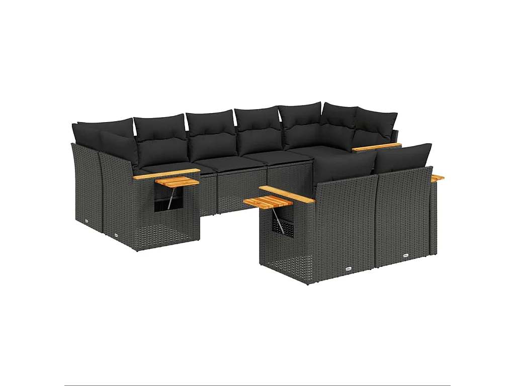 Salon de jardin 9 pcs avec coussins noir résine tressée
