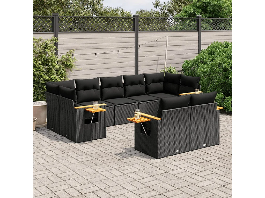 Salon de jardin 9 pcs avec coussins noir résine tressée