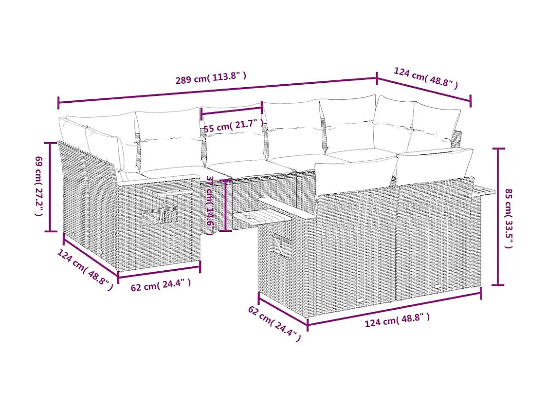 Salon de jardin 9 pcs avec coussins noir résine tressée