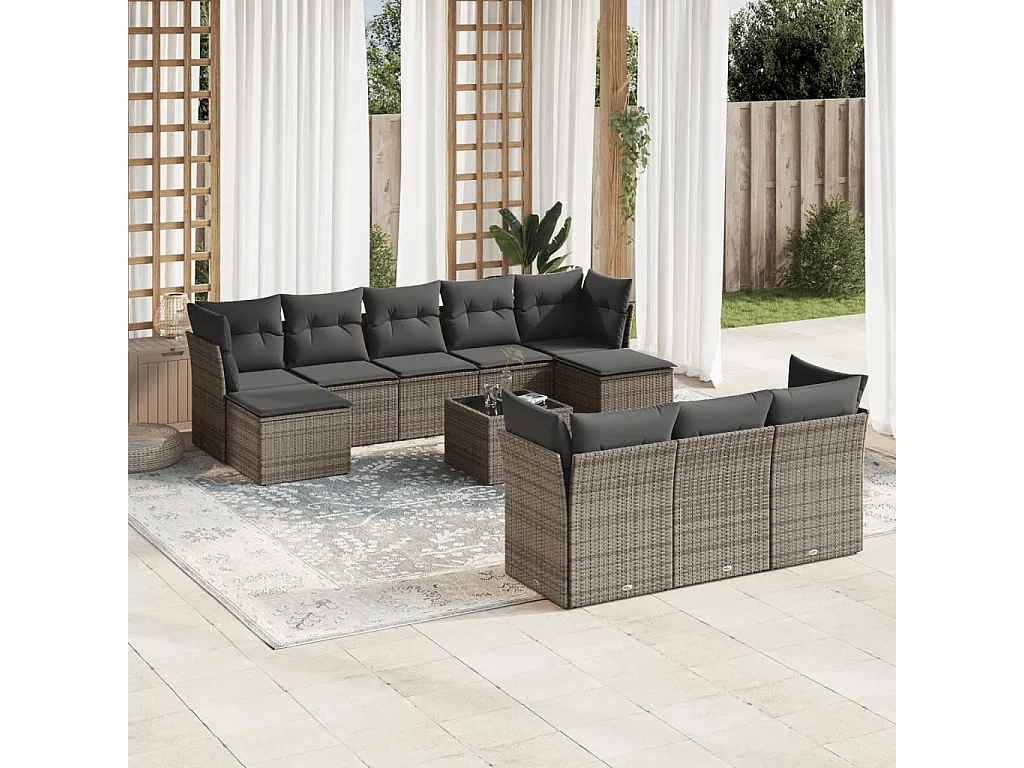 Salon de jardin avec coussins 10 pcs gris résine tressée