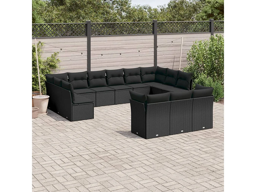 Salon de jardin avec coussins 13 pcs noir résine tressée