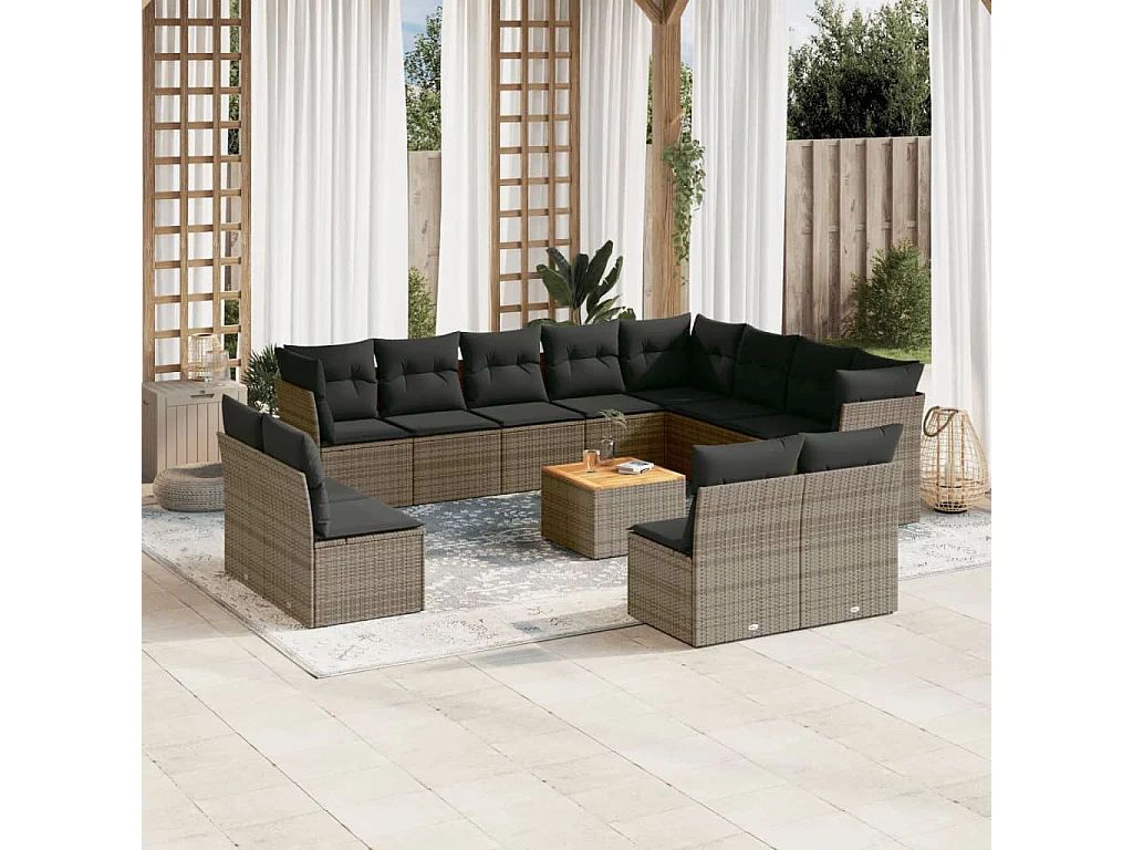Salon de jardin avec coussins 13 pcs gris résine tressée