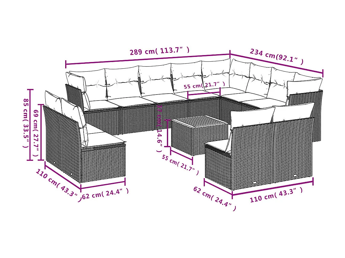 Salon de jardin avec coussins 13 pcs gris résine tressée