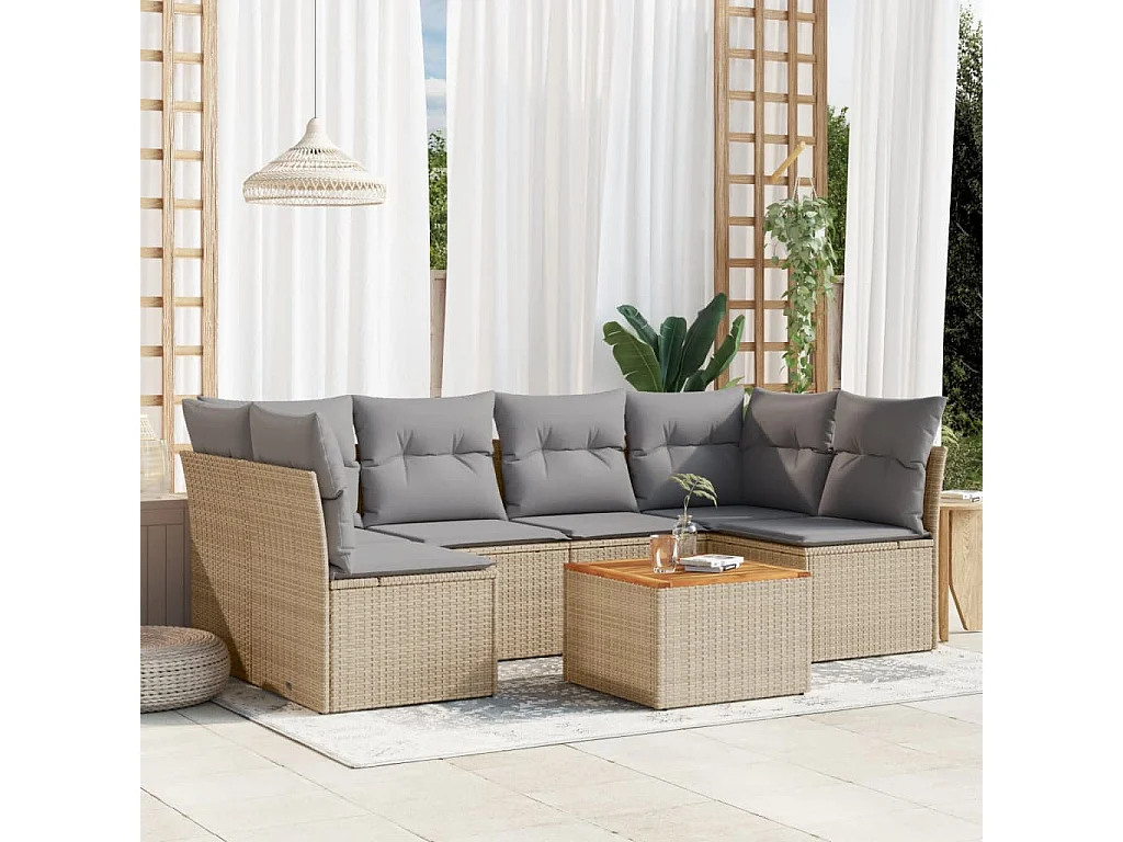 Salon de jardin avec coussins 7 pcs beige résine tressée