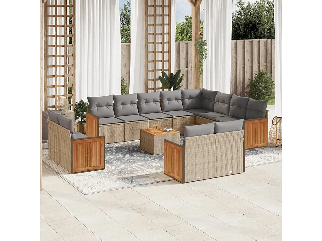 Salon de jardin avec coussins 13 pcs beige résine tressée