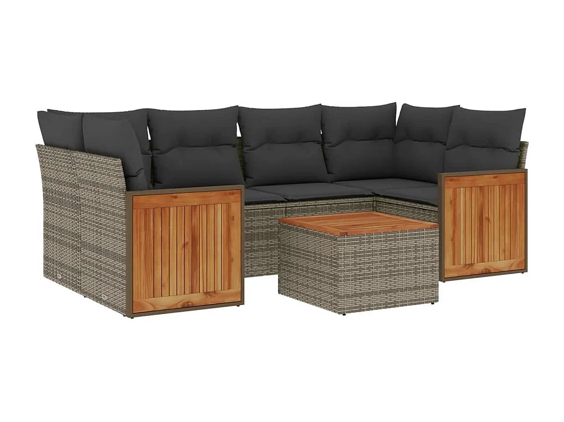 Salon de jardin avec coussins 7 pcs gris résine tressée