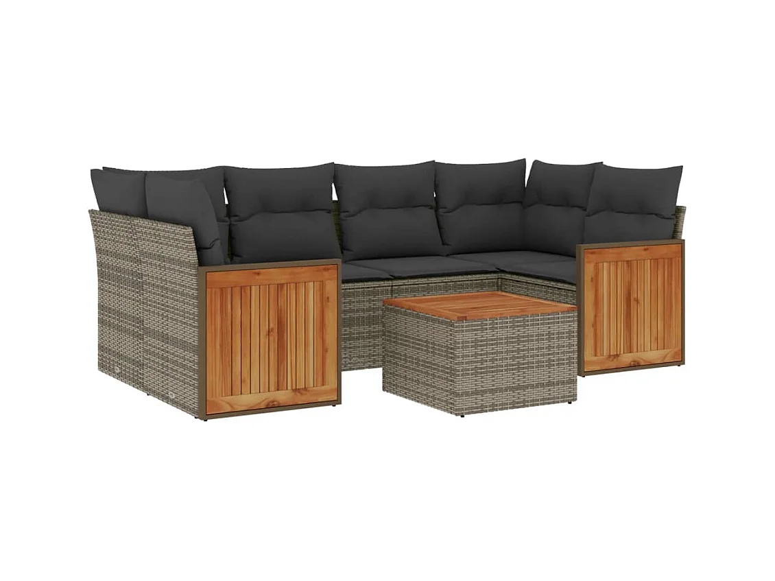 Salon de jardin avec coussins 7 pcs gris résine tressée