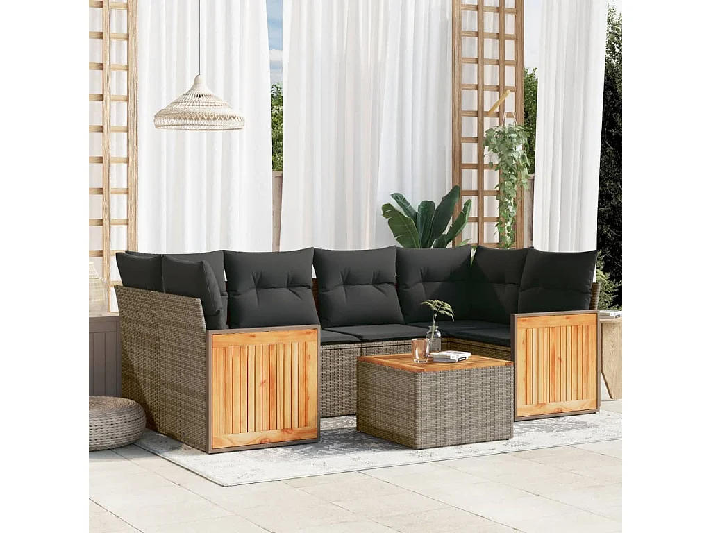 Salon de jardin avec coussins 7 pcs gris résine tressée